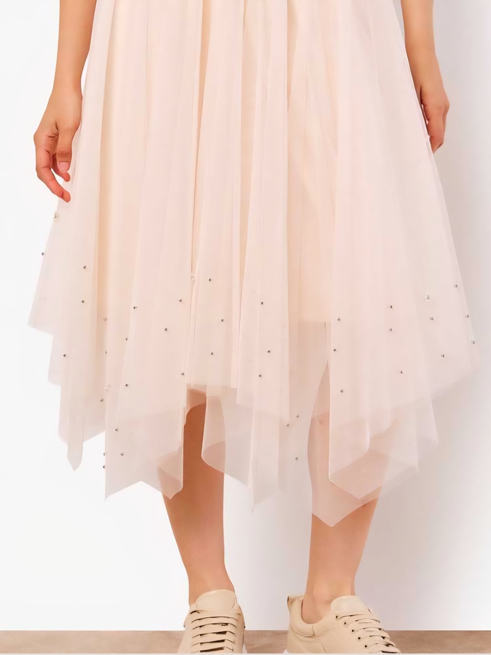 Apricot Pearl Embellished Tulle Midi Skirt - Picture 2 of 8